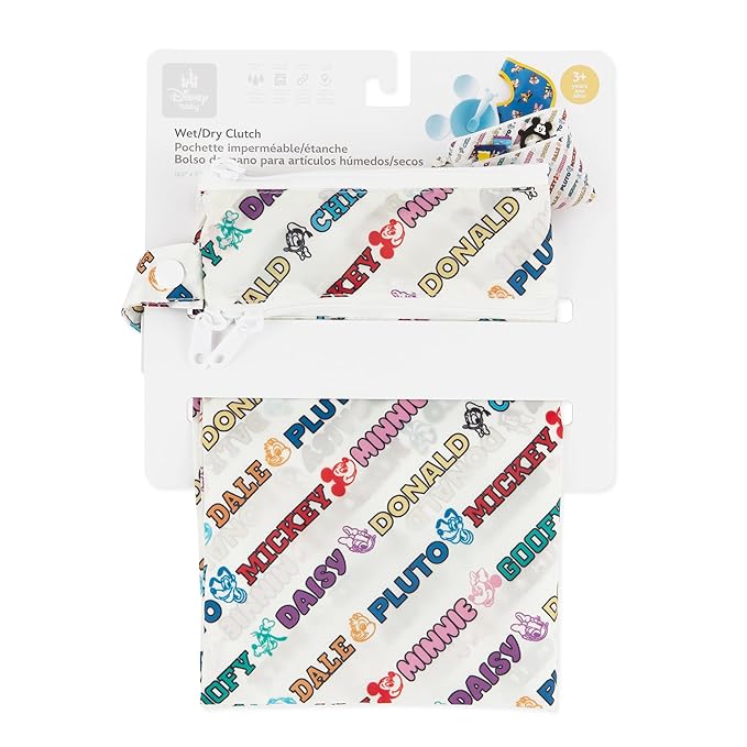 Bumkins Disney Waterproof Wet Dry Clutch Bag for Baby, Travel, Swim Suit, Diapers, Pump Parts, Pool, Gym Clothes, Toiletry, Hook to Stroller, Daycare, Packing Pouch, Zip Bag, Mickey and Friends White