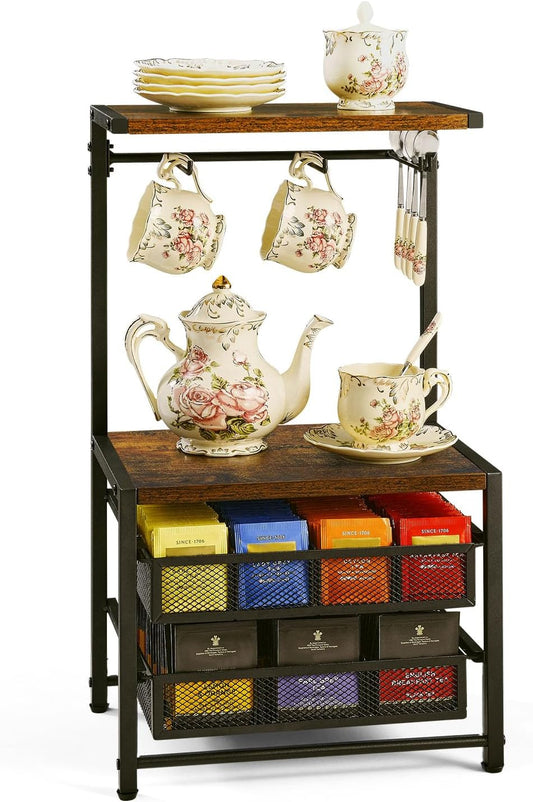 Pinzoveco Tea Bag Organizer, Large Tea Organizers and Storage Box,2 Drawers Tea Bags Holder Wood Tea Box Containers Tea Station Chest Display for Kitchen Organizers and Storage, Black