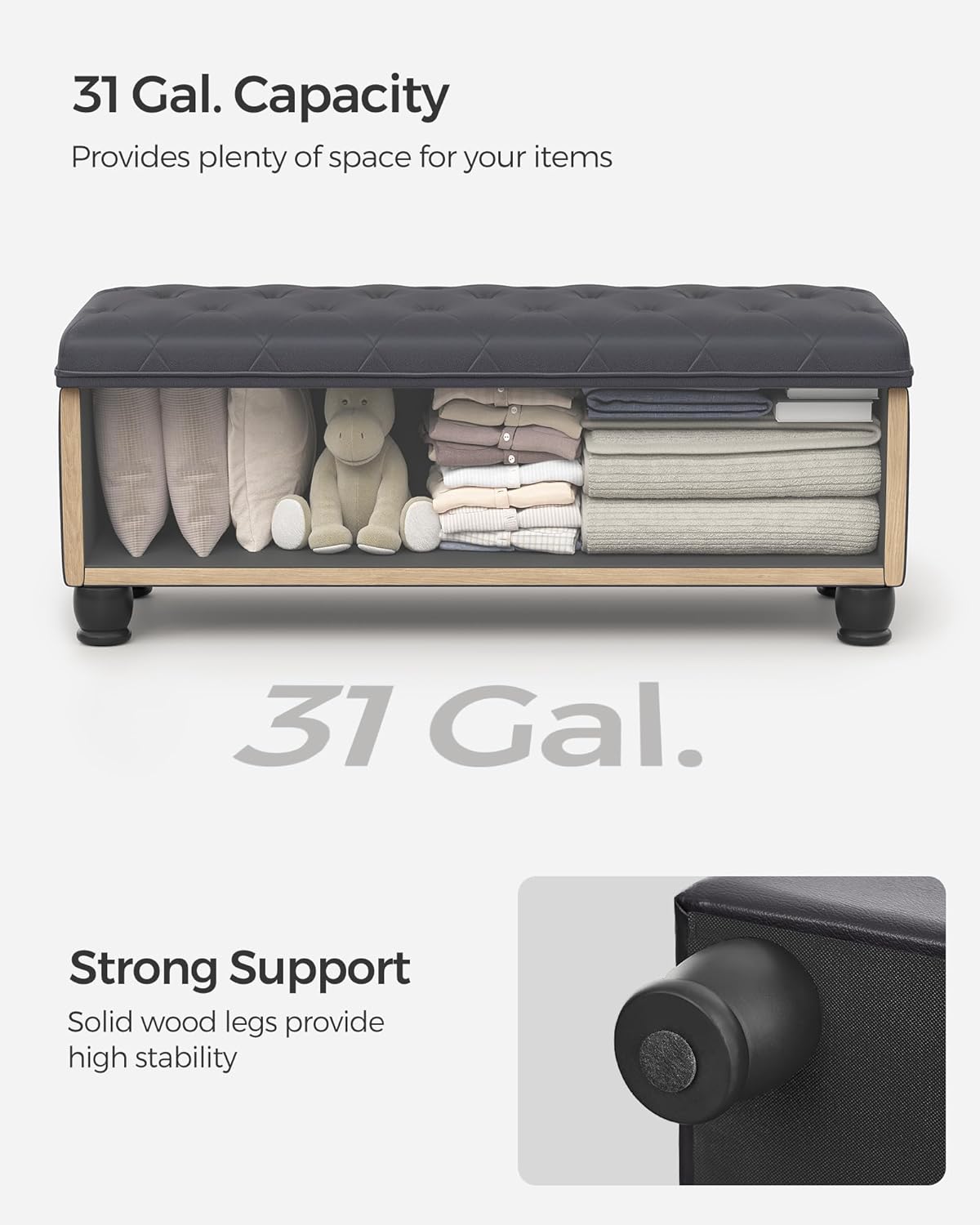 SONGMICS Storage Ottoman, Storage Bench, Tufted Entryway Bedroom Bench, 17.7 x 46.5 x 17.7 Inches, Hinges Easy Lid Operation, Wooden Legs, Synthetic Leather, Loads 330 lb, Dark Gray ULOM071G01