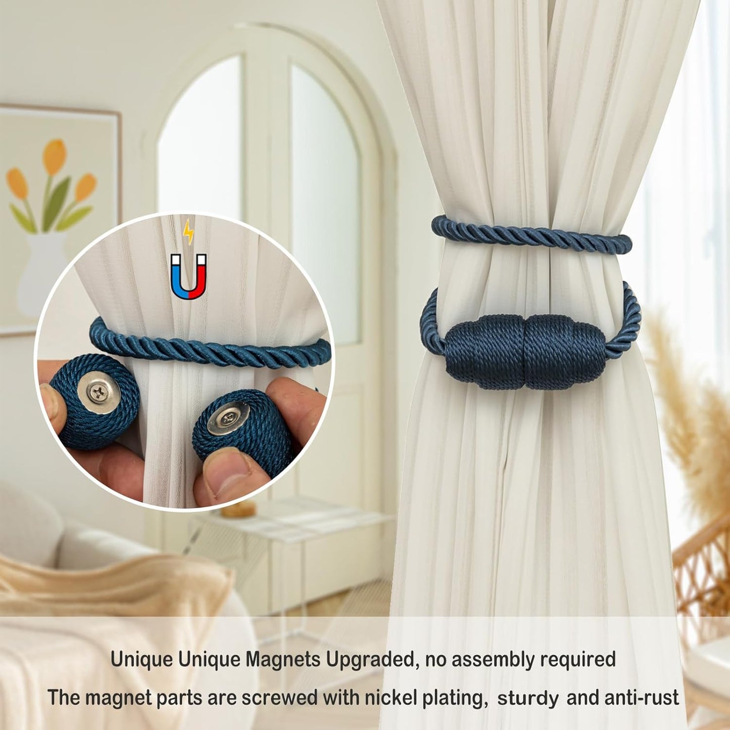 Magnetic Curtain Tiebacks Rope Tie Backs 6 Pack Curtains Holders for Drapes Decorative Window Holdbacks, Blue