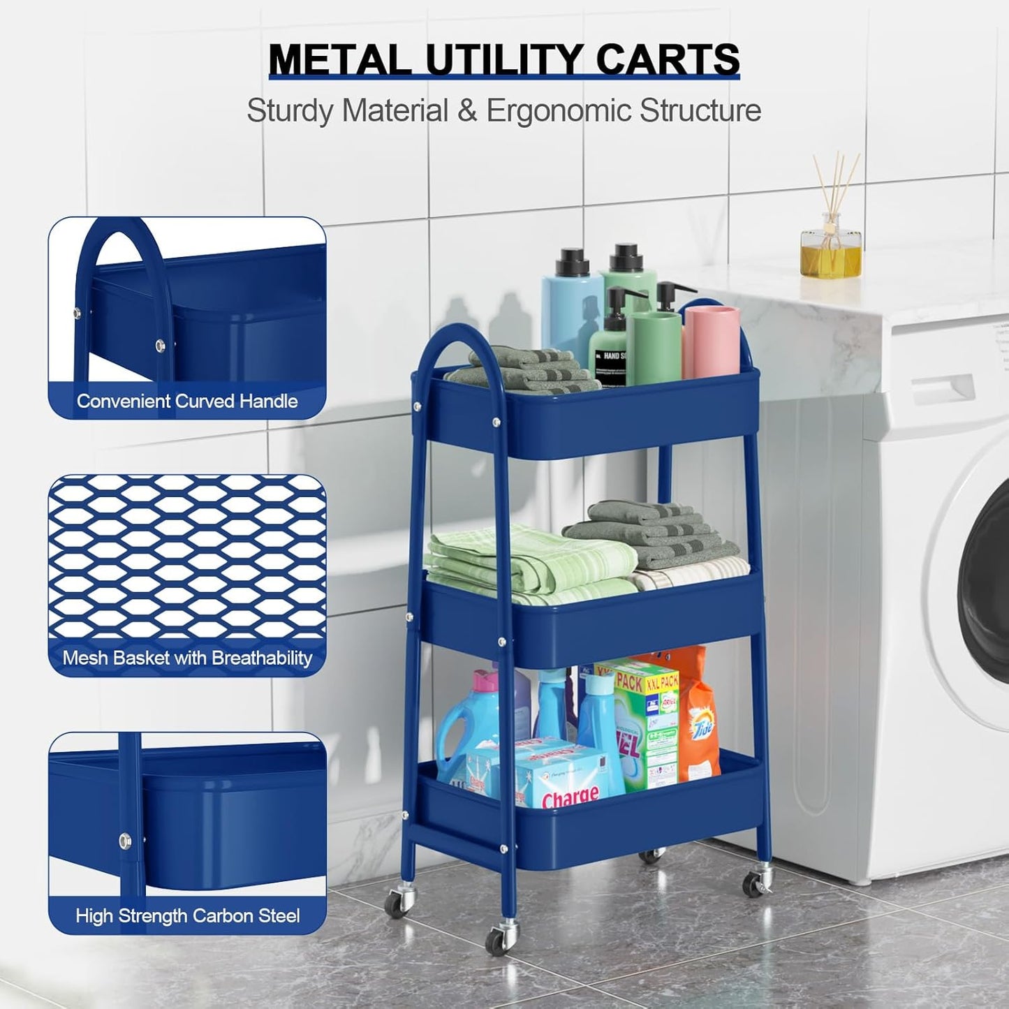 EAGMAK 3 Tier Utility Rolling Cart, Metal Storage Cart with Handle and Lockable Wheels, Multifunctional Storage Organizer Trolley with Mesh Baskets for Kitchen, Living Room, Office, Garage (Indigo)