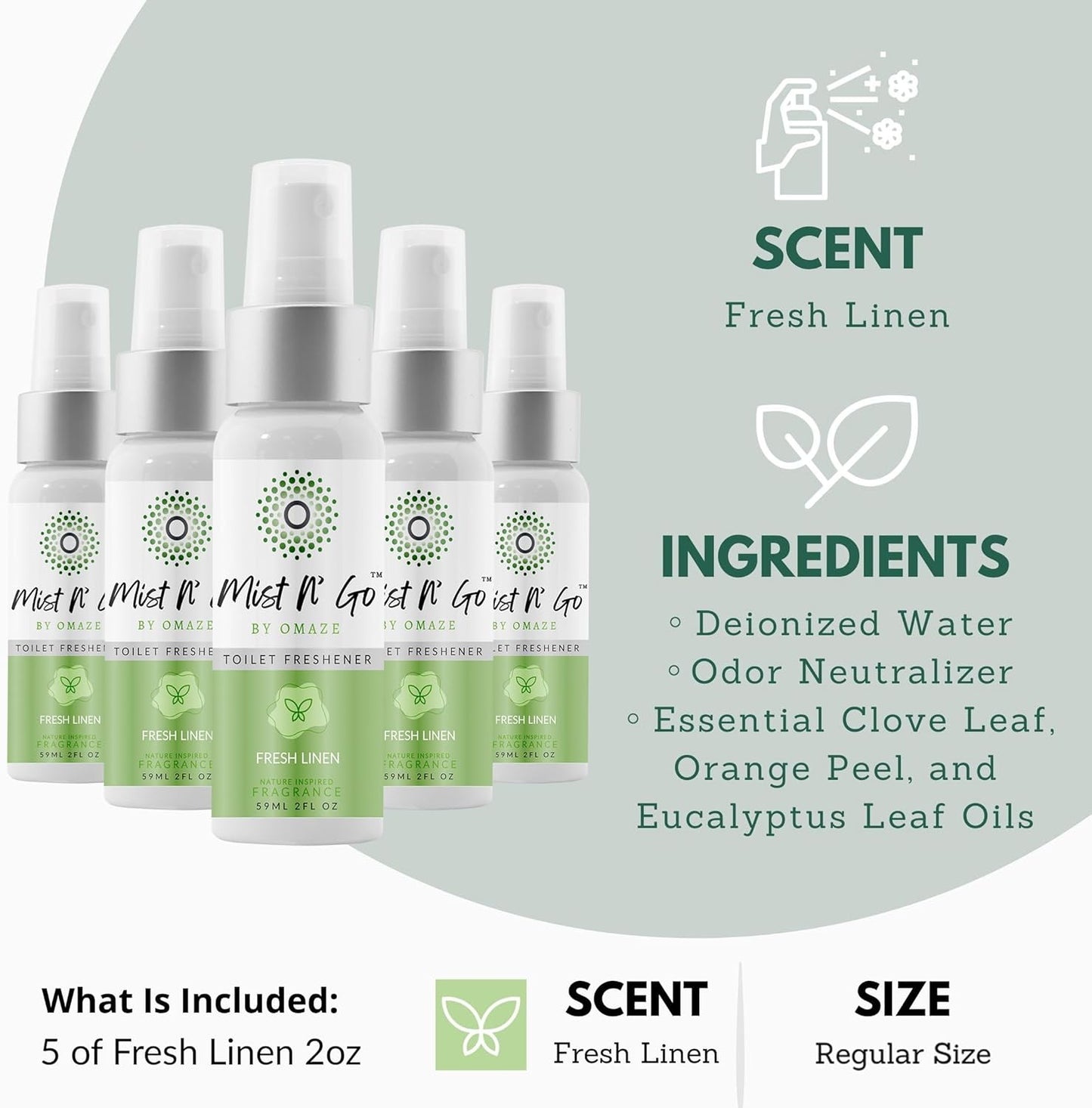 Mist N' Go Travel Toilet Spray - Odor Eliminator & Air Freshener (Fresh Linen) - 2oz x5