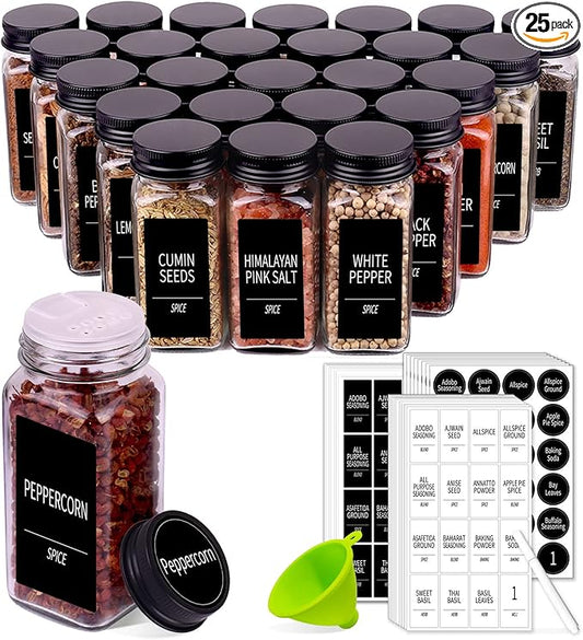 Churboro 25 Spice Jars with 547 Labels- Glass Spice Jars with Black Metal Caps, 4oz Empty Spice Containers with Shaker Lids, Funnel, Chalk Pen, Square Seasoning Bottles for Spice Rack, Drawer, Cabinet