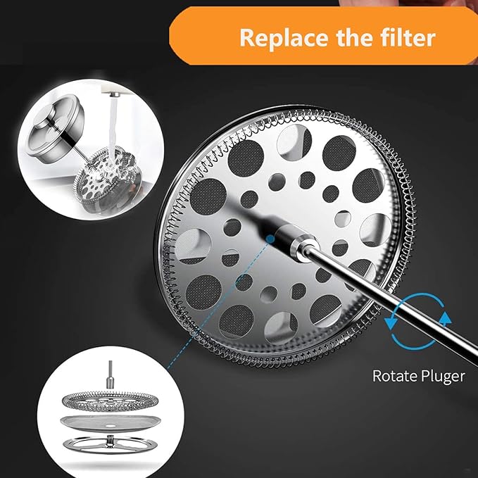 French Press Coffee Maker 34oz, Double-Wall Insulated French Press Stainless Steel 1L for travel camping, Included 2 Extra Screens and 1 Coffee Spoon （6-8cup 1000ml）