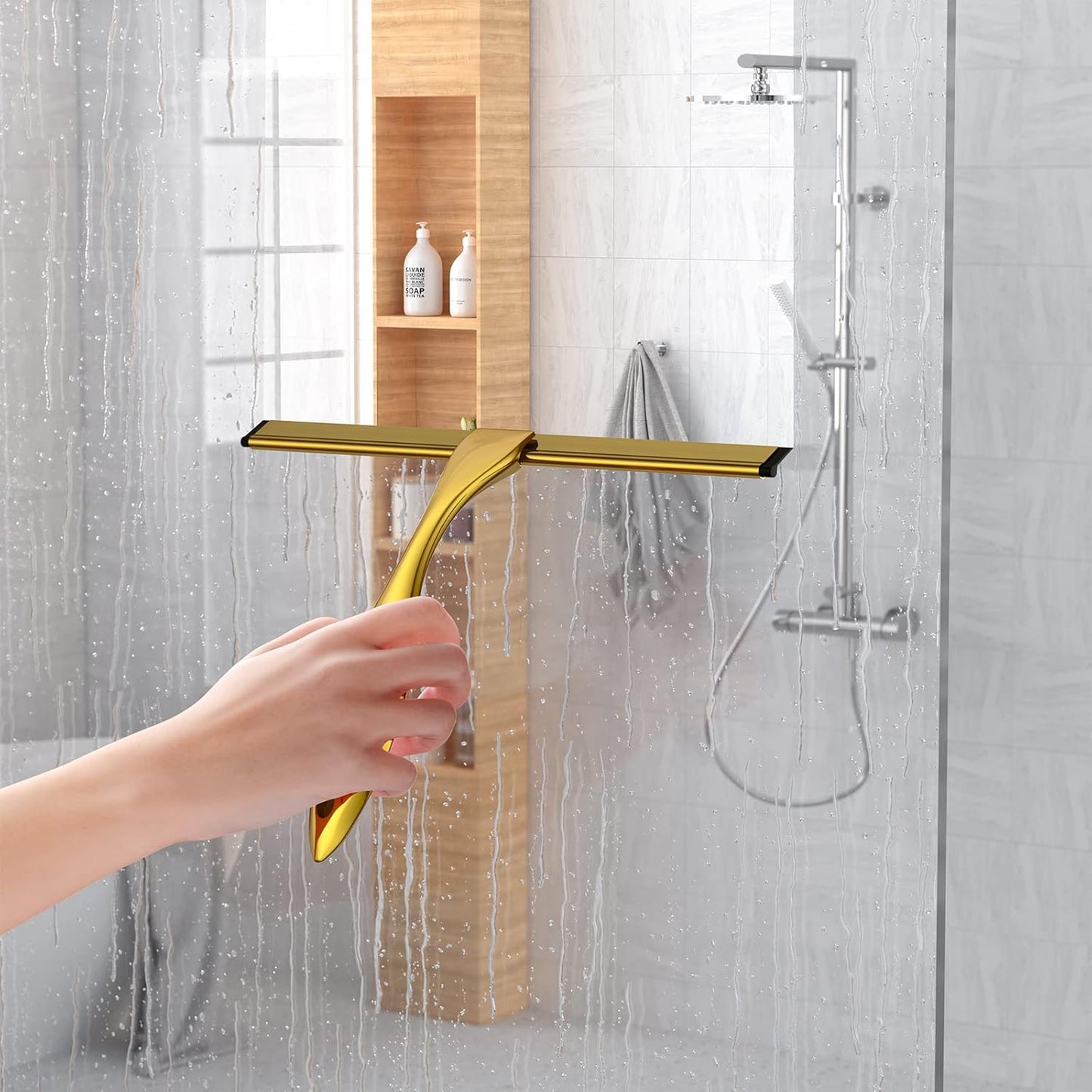 Shower Squeegee Set, 14-Inch Stainless Steel Squeegee, All-Purpose Squeegee for Bathroom, Shower Doors, Mirrors, Tiles, and Car Windows - 100% Streak Free, Includes Shower Door Hook and Adhesive Hook