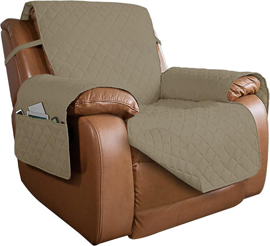 PureFit Reversible Quilted Sofa Cover, Water Resistant Slipcover Furniture Protector, Washable Couch Cover with Non Slip and Elastic Straps for Kids, Dogs, Pets (Oversized Recliner, Beige/Beige)