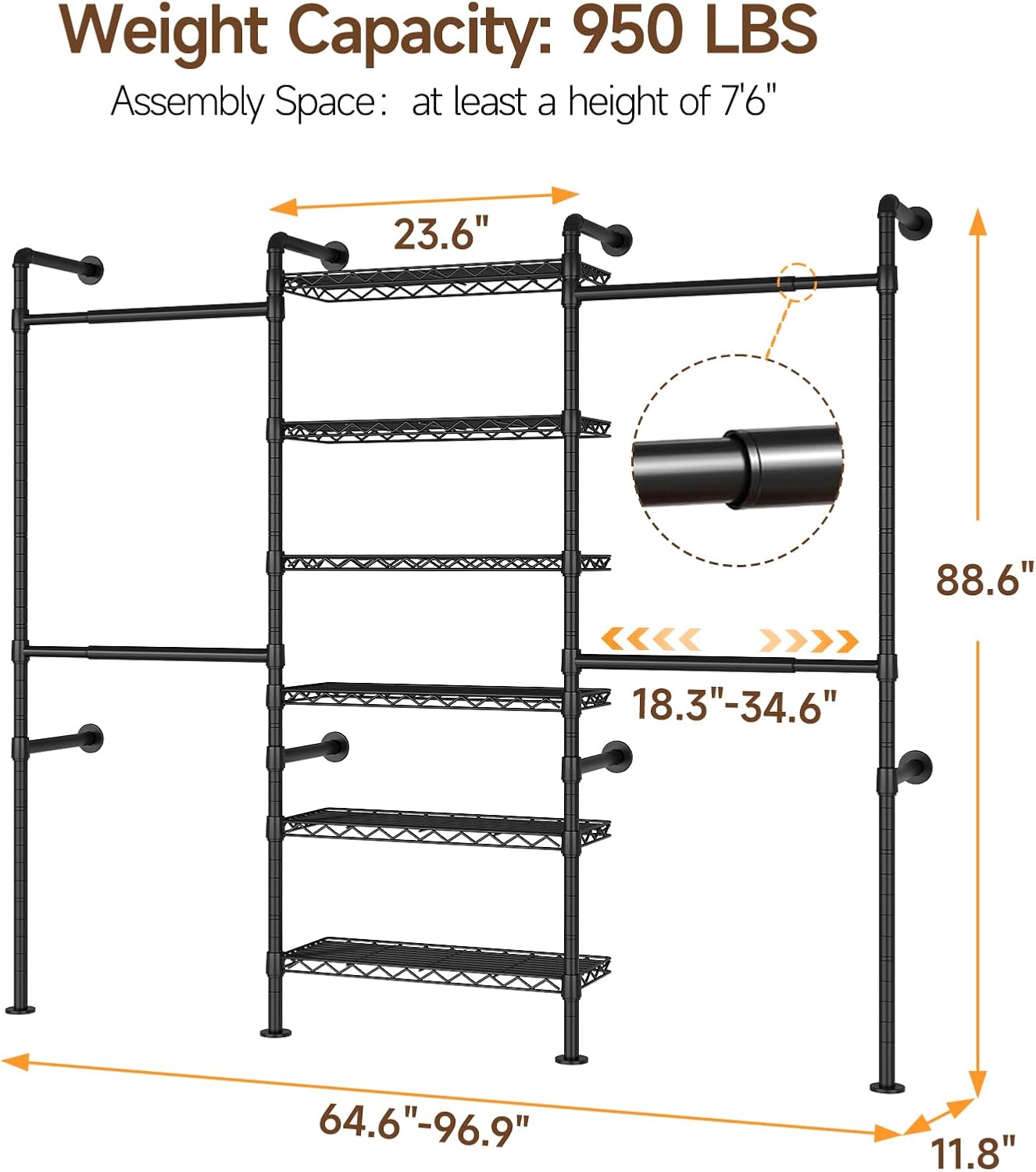 ONBRILL H3 Wall Mounted Closet System, Expandable Industrial Pipe Clothes Rack Clothing Rack for Hanging Clothes, Heavy Duty Closet Organizers and Storage in Wardrobe Closet, Black