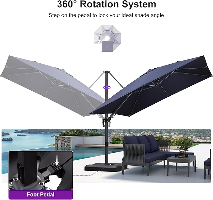 PURPLE LEAF 9.8' X 9.8' Tilting Patio Umbrella with Base Outdoor Cantilever Swivel Square Umbrella with Tilt Aluminum Offset Umbrella with 360-degree Rotation for Garden Deck Pool Patio Navy