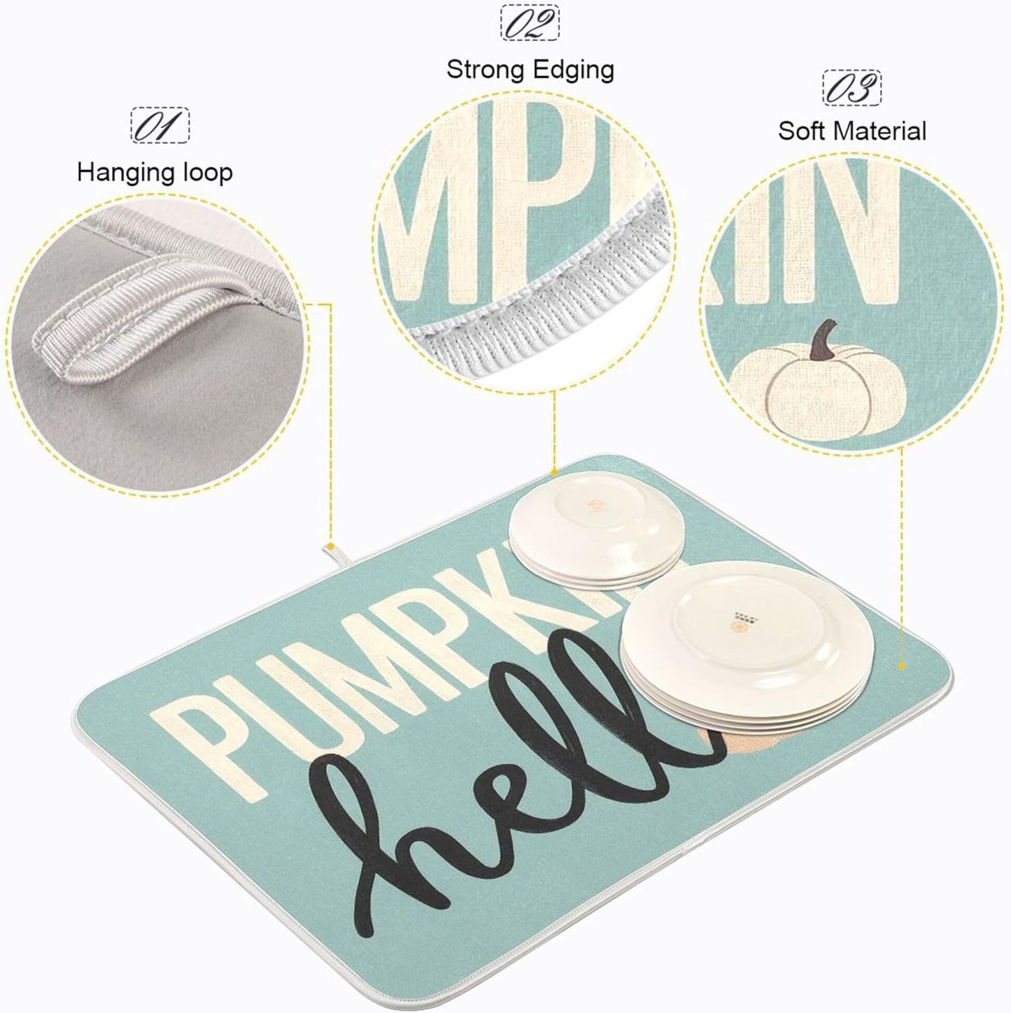 Hello Pumpkin Turquoise Fall Dish Drying Mat for Kitchen Countertop 16x18 Aqua Teal Autumn Small Drying Mat Reusable Quick Dry Dish Sink Mats Easy Clean Decorative Essentials