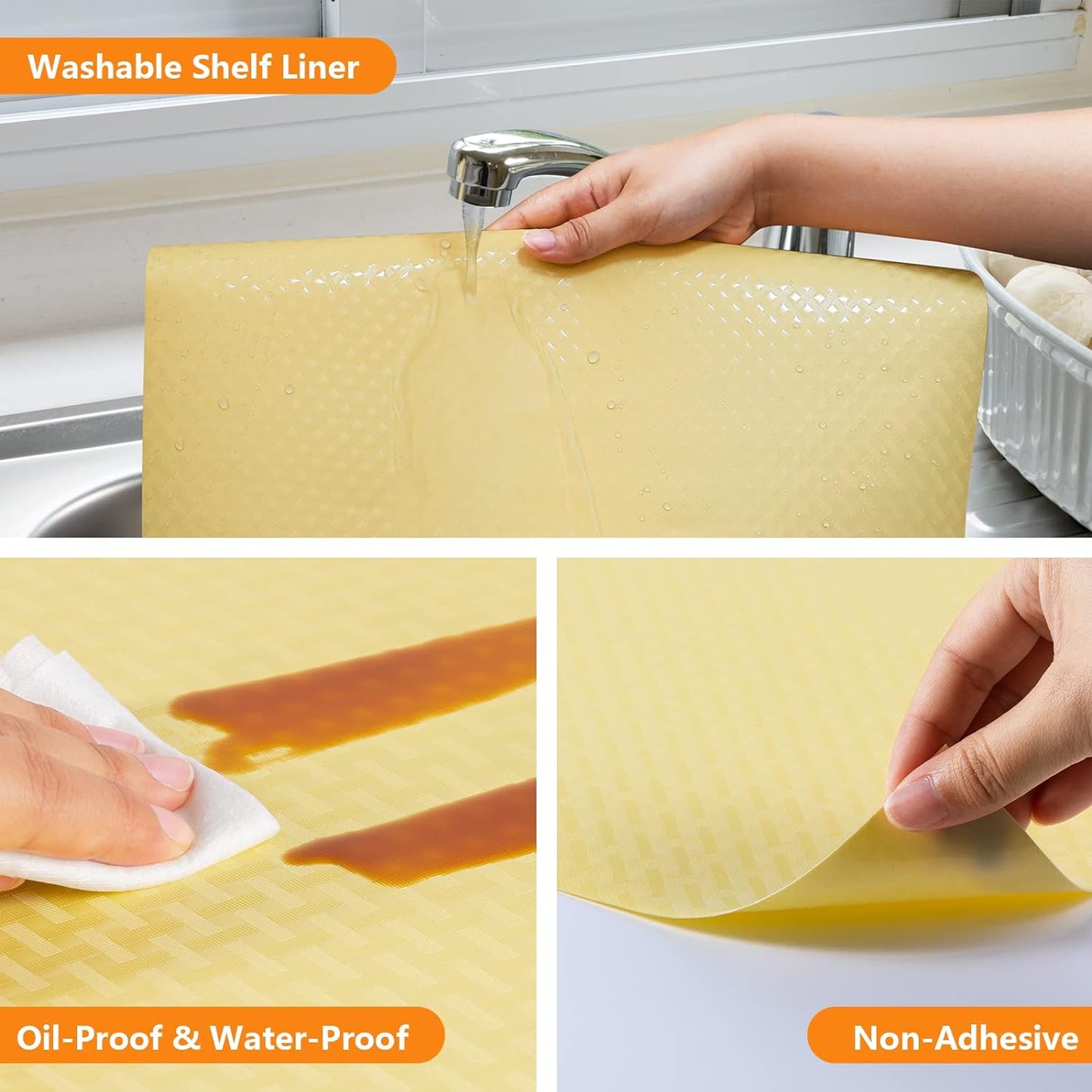 Shelf Liners for Kitchen Cabinets Refrigerator Liners Waterproof & Oil-Proof Kitchen Cupboard Liner Non Adhesive Drawer Mats Cabinet Liners for Shelves -Yellow Beige 11.8 x 59 Inches