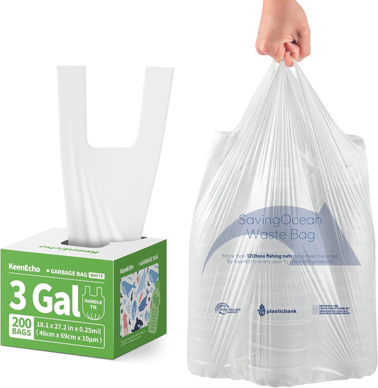 Small Trash Bags with Handles 3 Gallon 200 Count White - Ocean Plastic Upcycling - Plastic Garbage Bags, Can Bin & Waste Basket Liner for Kitchen, Bathroom, Office and Pets