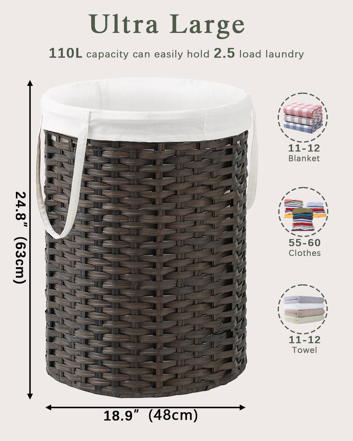 Laundry Basket Round Rattan Laundry Hamper 29.1 Gal (110 L) Handwoven Large Wicker Basket with Handles, Wicker Hamper with Removable Bags and 2 Mesh Bags for Bathroom Living Room Brown