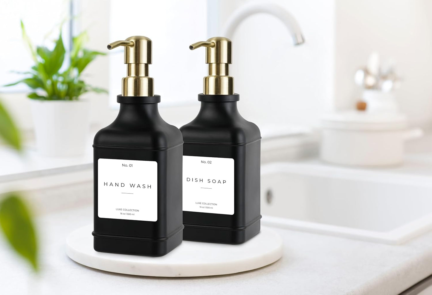 Emerson Essentials Soap Dispenser, Dish Soap Dispenser, Soap Bottle Dispenser Bathroom Set, Hand Soap Dispenser, Kitchen Soap Dispenser Set, Glass Soap Dispenser Pump + Labels | 16 Oz, 2-Pack