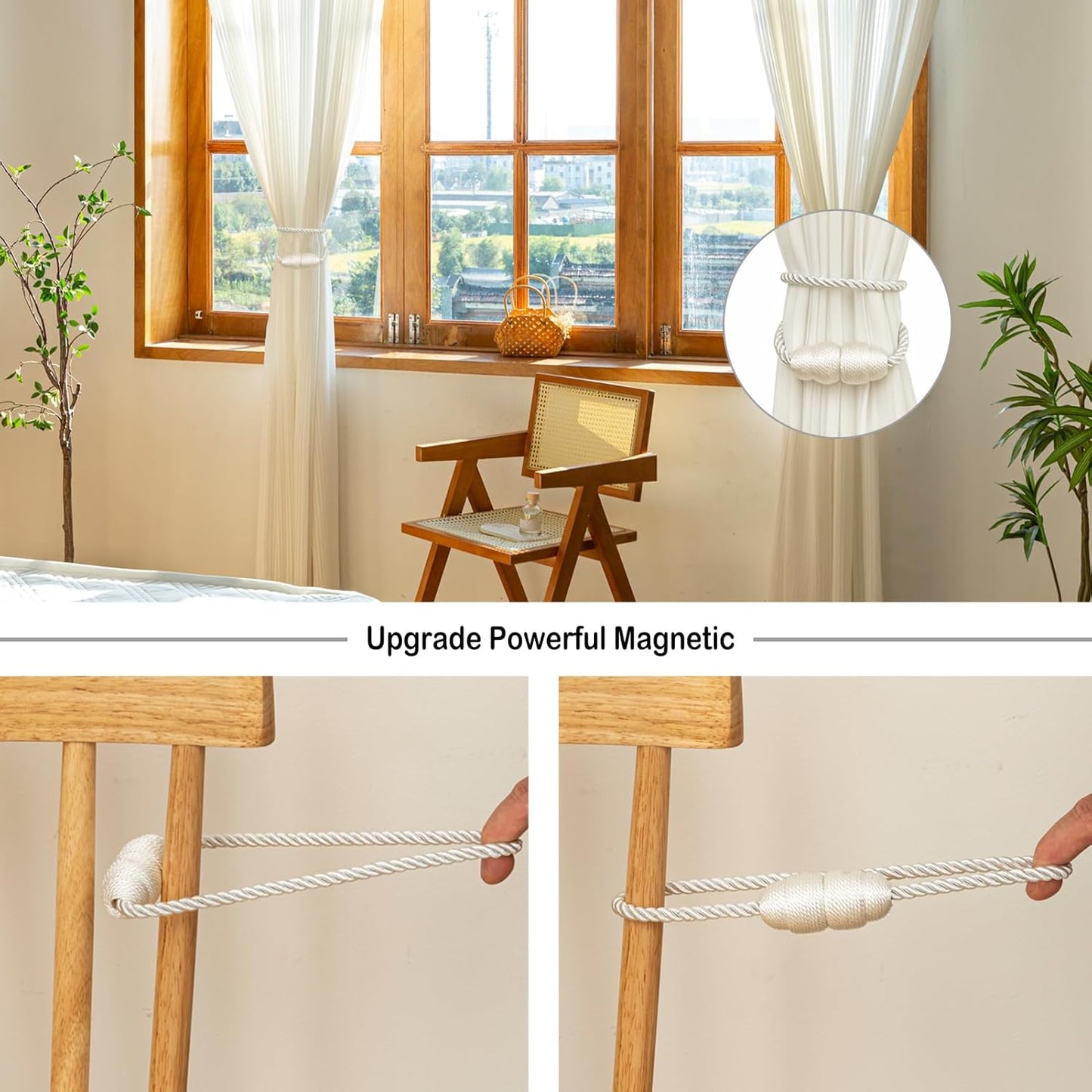 Magnetic Curtain Tiebacks Rope Curtain Tie Backs for Curtains 4 Pack Curtain Holders for Drapes Decorative Window Curtain Holdbacks, White