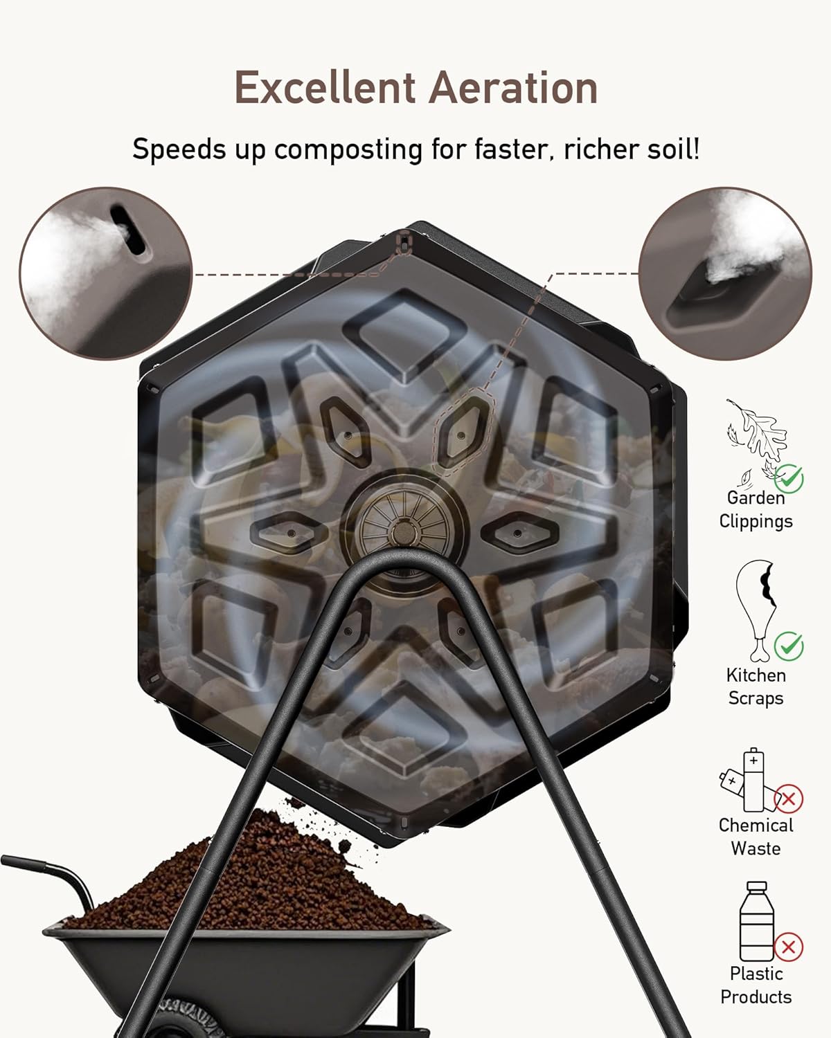 THEGROW'ING Updated 43 Gallon Compost Bin Outdoor, Fast Assemble Tumbling Composter, Dual Chamber Composter Tumbler, Rotating Compost Bin for Outside, Backyard, Garden and Yard, Coffee