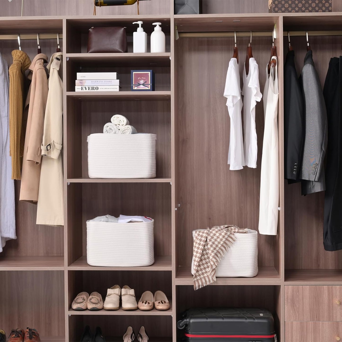 Storage Baskets for Organizing Shelves, Woven Cotton Rope Bins for Baby Nursery Organization, Book Toy Towel Organizer, 15"x11"x9.5", 3 Packs, Off White