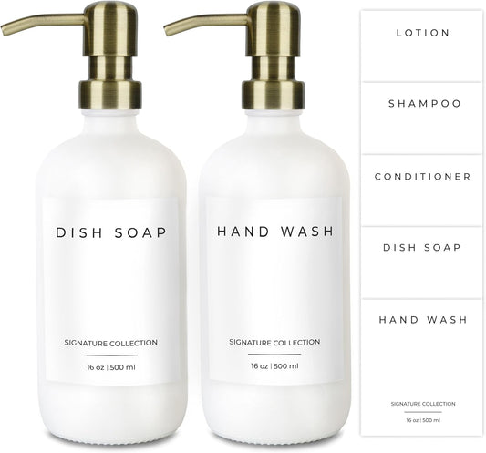 Emerson Soap Dispenser, Dish Soap Dispenser for Kitchen, Soap Dispenser Bathroom Set, Hand Soap Dispenser - Kitchen Soap Dispenser Set, Glass Soap Dispenser with Pump and Labels, 16 Oz, 2 Pack