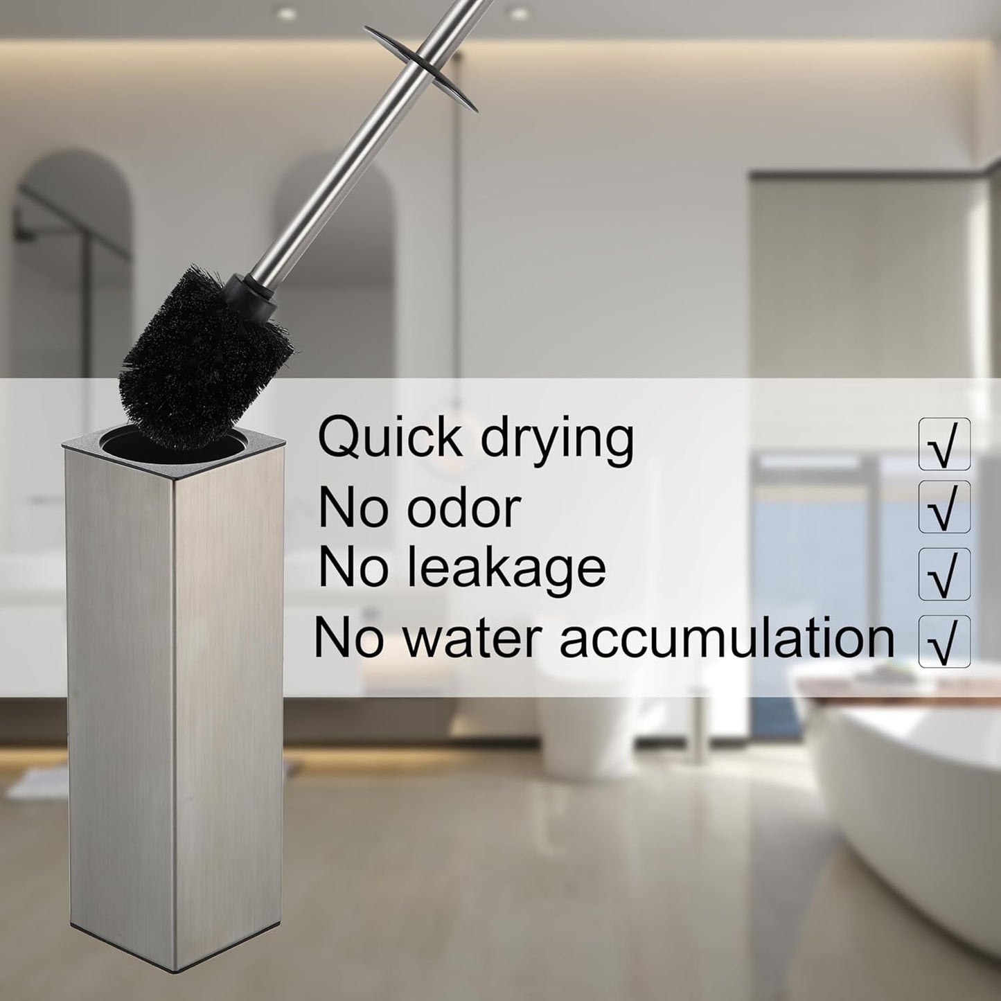 BGL Square Toilet Brush with Holder,Stainless Steel Rubber Painted Toilet Bowl Brush and Holder for Bathroom,2 Cleaner Brush Heads,Brushed Nickel