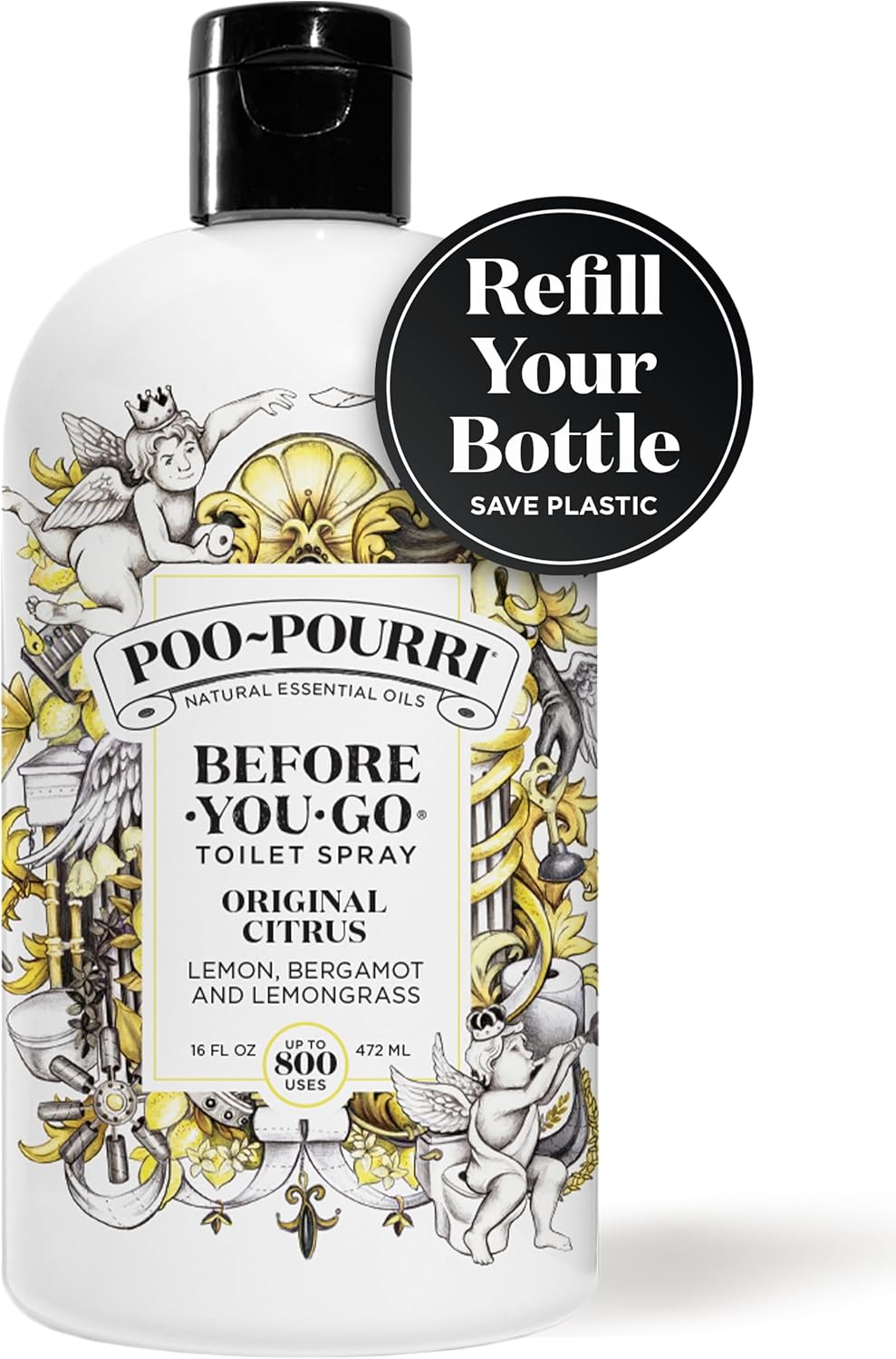 Poo-Pourri Before-You-Go Toilet Spray Refill, Original Citrus, 16 Fl Oz, Up to 800 Uses, Bathroom Odor Deodorizer with Essential Oils for Home or Work, Lemon, Bergamot and Lemongrass Scent