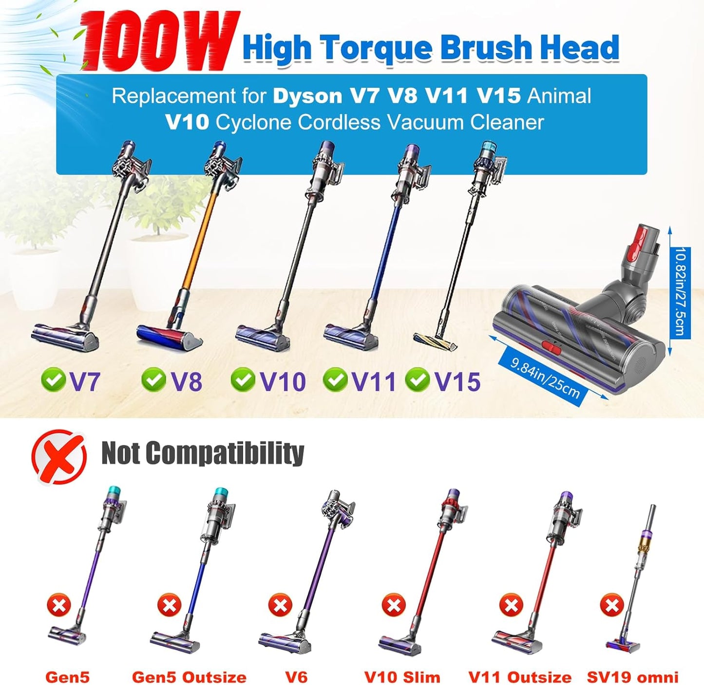 High Torque Brush Head Replacement for Dyson V7 V8 V10 V11 V15 Anti-Tangle Vacuum Head with Adjustable Suction Power Motorhead Attachment and Parts for Carpets & Hard Floors,Parts No. 970100-04 & 05