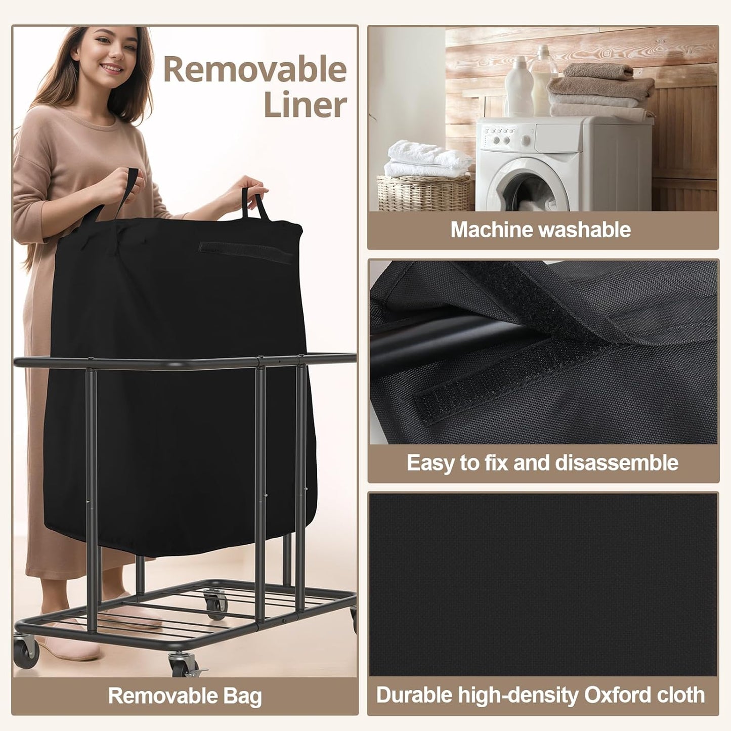 Laundry Hamper with Wheels, 2-Section 230L (61Gal) Large Capacity, Heavy-Duty Rolling Clothes Basket with Silent Rubber Casters & Detachable Oxford Bags for Home, Black, 31.5"Lx15.75W"x30.7"H