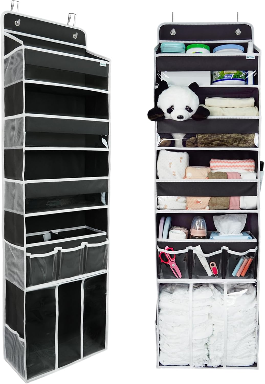 Door Hanging Storage Organizer,with 3 Bins 1 Movable Baby Diaper Caddy,1 Large capacity diaper stacking storage Organizer,10 Side Pockets ,Bedroom Door Storage for Nursery Baby Essentials. (Dark grey)