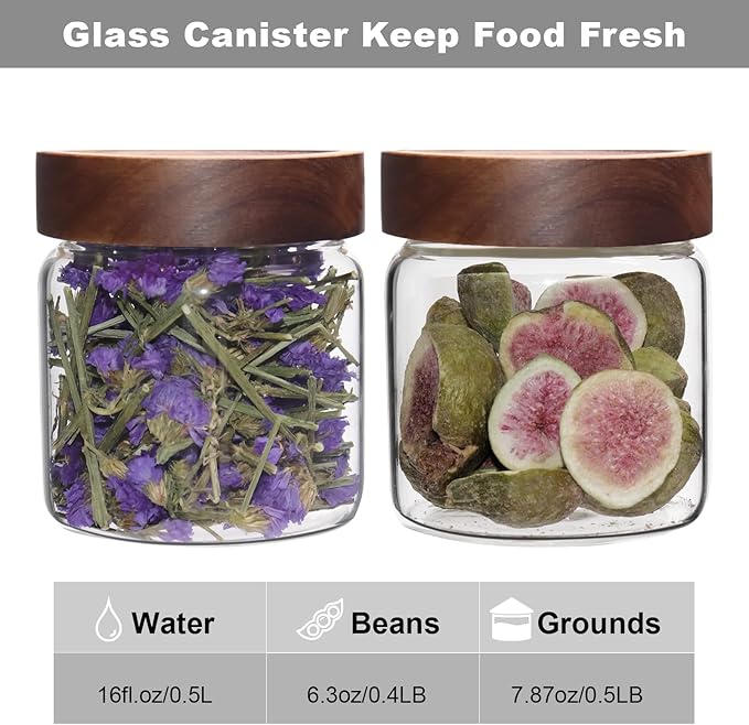 Glass Coffee Jars Spice Jar Round Storage Canister with Wooden Lid Clear Glass Food Jar for Pantry Sugar Tea Coffee Bean Spice Nuts Cookies Bath Salts (500ml/16oz-2pack)