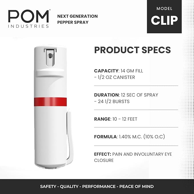 POM Pepper Spray Pocket Clip, Quick Flip Top Safety, Maximum Strength OC Formula with UV Marking Dye, Safe Compact and Tactical Design for Everyday Carry, 25 Bursts, 10 ft Range, 0.5 fl oz