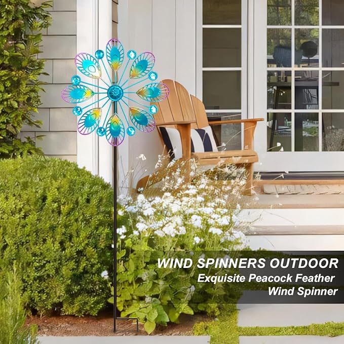 Metal Peacock Wind Spinner for Outdoor Garden Decor - 36 Inch Height Feather Wind Catcher with Stake, Lawn & Patio Art, Weather-Resistant Yar