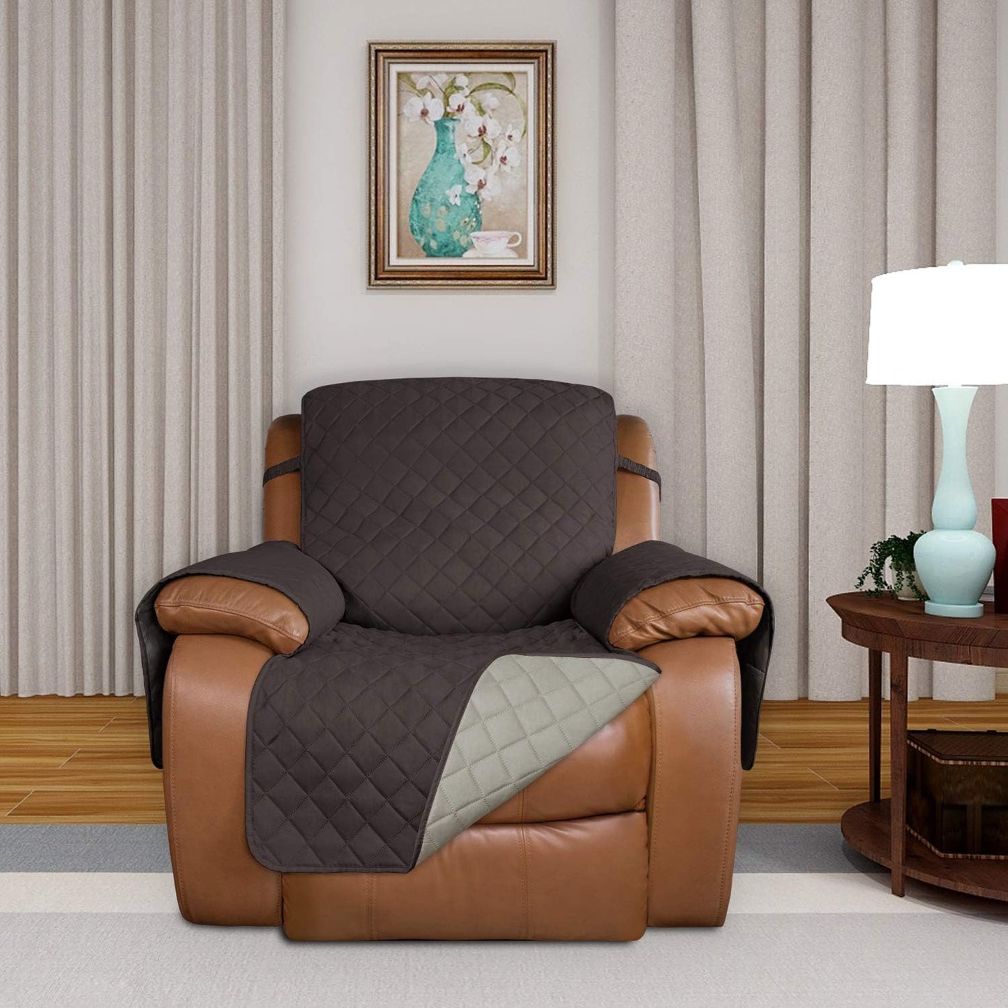 PureFit Reversible Quilted Oversized Recliner Sofa Cover, Water Resistant Furniture Protector, Washable Couch Cover with Elastic Straps for Kids, Dogs, Pets (Large, Chocolate/Beige)