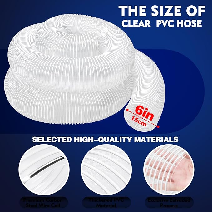 6" x 10' PVC Dust Collection Hose, Puncture-Resistant, Heavy-Duty Flexible Clear Fume Hose with Carbon Steel Wire Coil for Dust Collection Systems, Woodworking, Workshops