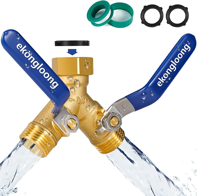 Brass Hose Splitter 2 Way Heavy Duty with Long Handle Switch, Y-Way Water Faucet with 3/4" GHT Thread, Heavy Duty Hose Connector for Lawn Irrigation/Outdoor Sprinkler System(Only Splitter)