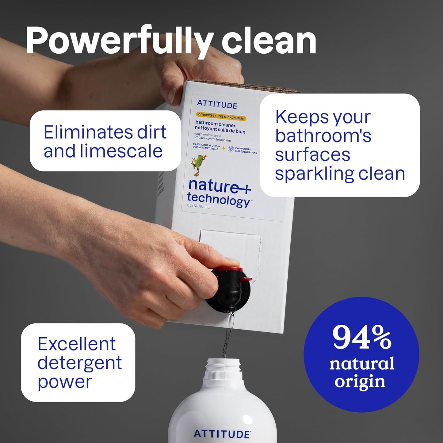ATTITUDE Bathroom Cleaner Spray Refill, EWG Verified, Plant-Based & Vegan, Safe for Bathroom Surfaces, Tiles, Tubs, Shower Walls, and Grout, Citrus Zest Scent, 67.6 Fl Oz