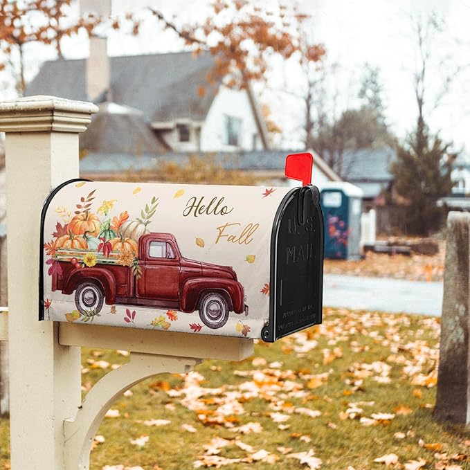 Hello Fall Mailbox Cover Magnetic Autumn Pickup Truck with Pumpkins Letter Box Cover Oversized Size 25.5x21 Inch Happy Harvest Festival Thanksgiving Decorative Post Box Covers for Garden Yard