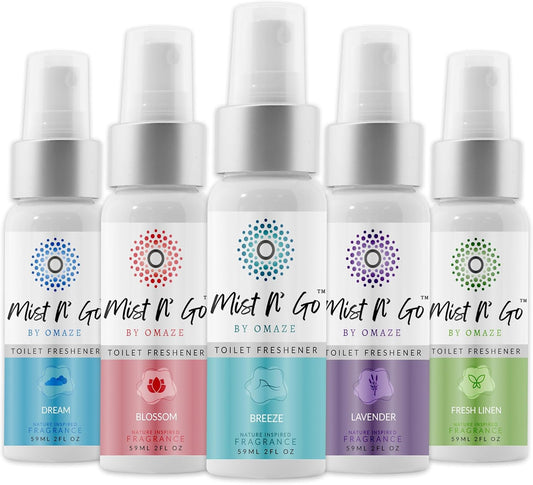 Mist N' Go by Omaze Travel Toilet Odor Eliminator - Air Freshener Spray for Bathroom Deodorizer - Mix All, Regular Size (2oz x5)