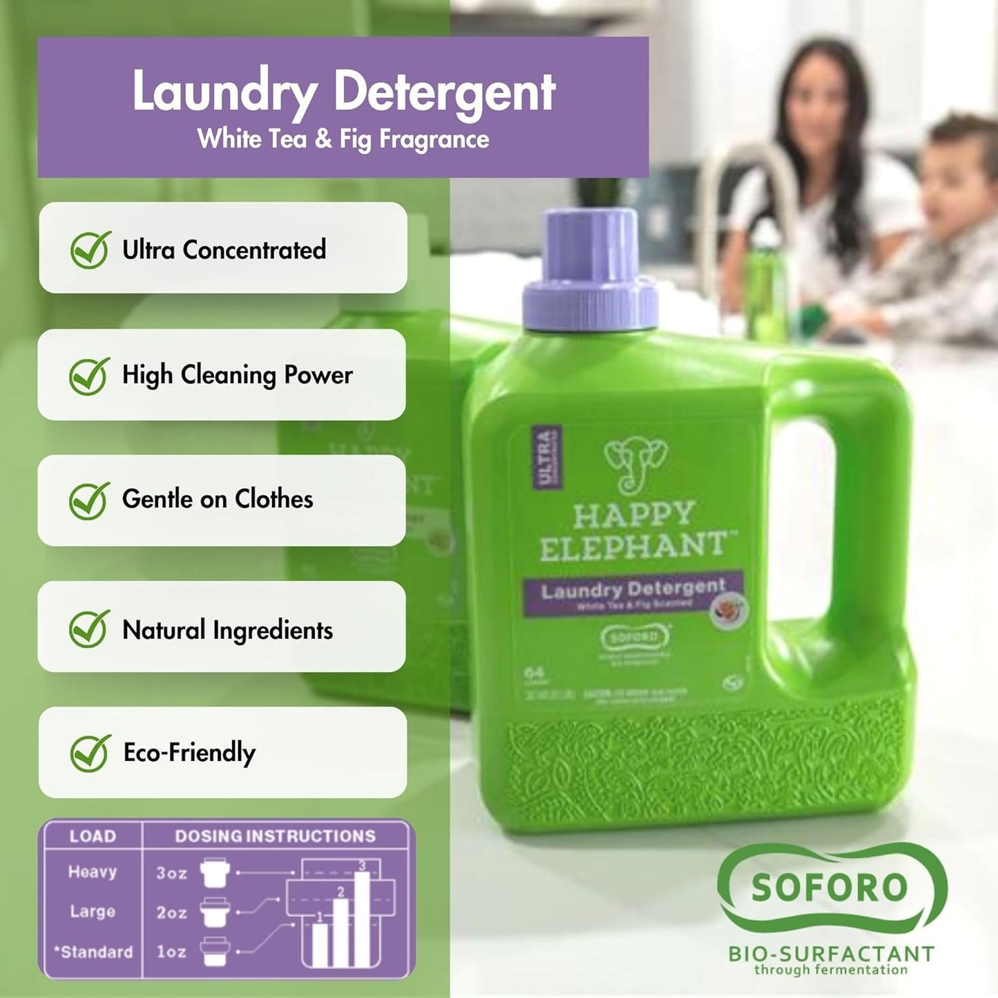 Happy Elephant Laundry Detergent, White Tea & Fig Scent, Ultra Concentrated Washing Machine Laundry Soap, Plant Based, Stain Remover, Gentle on Sensitive Skin, HE Compatible, 64 Loads, 64 Fl Oz