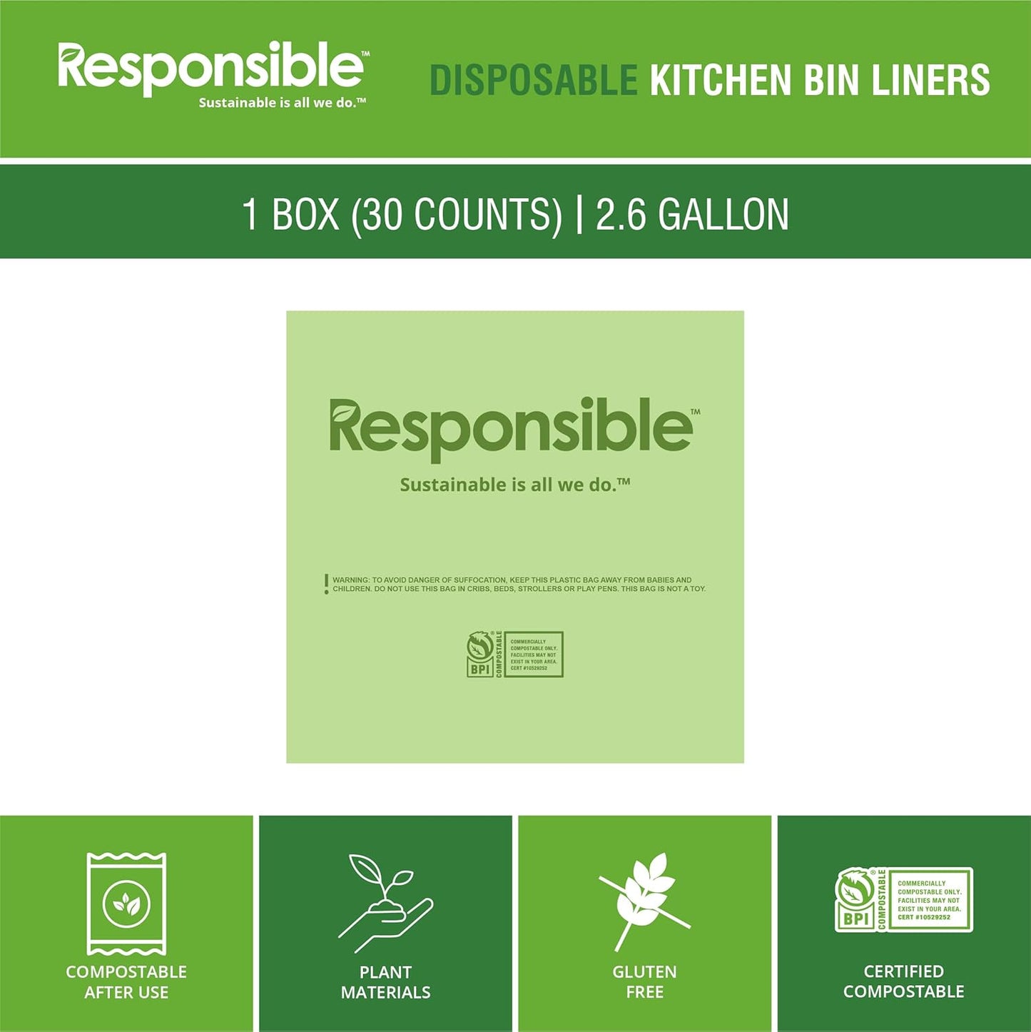 Responsible Products Kitchen Bin Liners, Certified Compostable, Heavy Duty Multipurpose Food Scrap Bags, Made from Compostable Materials (2.6 Gallon Flat Top, 2.6 Gallon (30 Count))