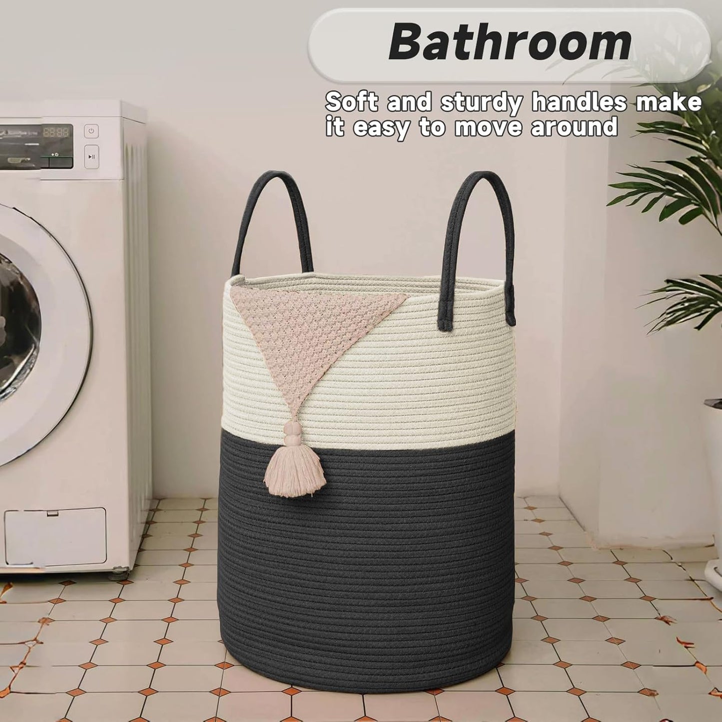 Large Woven Laundry Basket Hamper,100L Cotton Rope Storage Bin for Blankets,Toys and Clothes,Decorative Tall Nursery Hamper for Living Room,Baby Nursery,Bathroom and Bedroom,White and Black