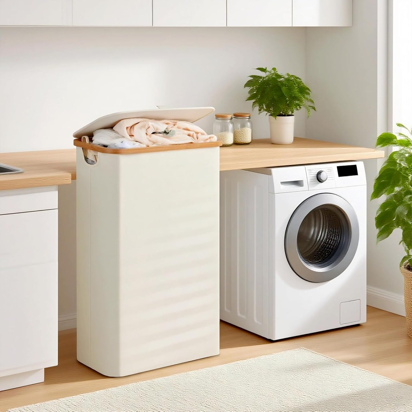 efluky Laundry Basket with Lid and Removable Bag, 100L Tall Laundry Hamper with Bamboo Handles, Aesthetic Dirty Clothes Bin for Laundry Room, Bathroom, Bedroom and Dorm, Beige