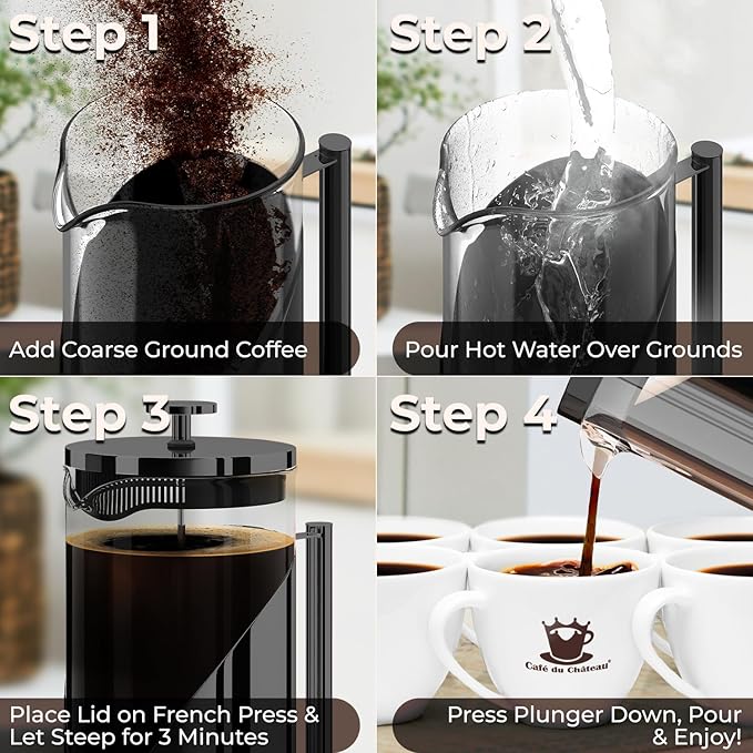 Cafe Du Chateau Stainless Steel French Press Coffee Maker - 34oz Insulated Coffee Press with 4-Level Filtration, BPA Free, Durable Glass, Great for Tea