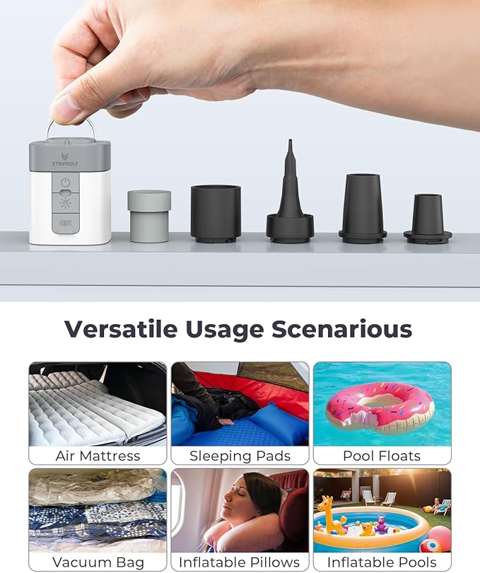 ETENWOLF AIR 3 Air Pump for Inflatables with 2600 mAh Battery & Camping Light, Ultra-Fast and Mini Electric Air Pump, Inflate Deflate for Air Mattress, Pool Floats, Vacuum Storage Bags