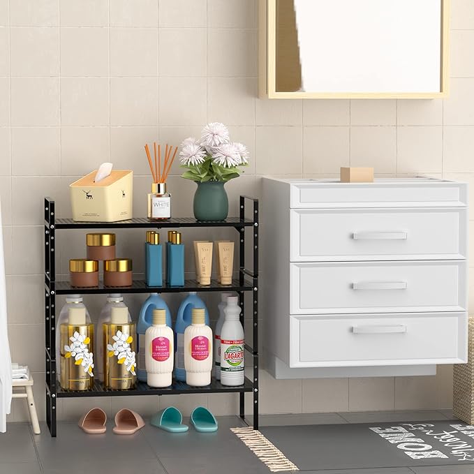 Redrubbit Expandable Cabinet Storage Shelf, Adjustable Height Steel Metal Kitchen Counter Organizers Shelves Spice Rack for Kitchen Pantry Bathroom Cupboard Desk Home Office, Black-1 Pack