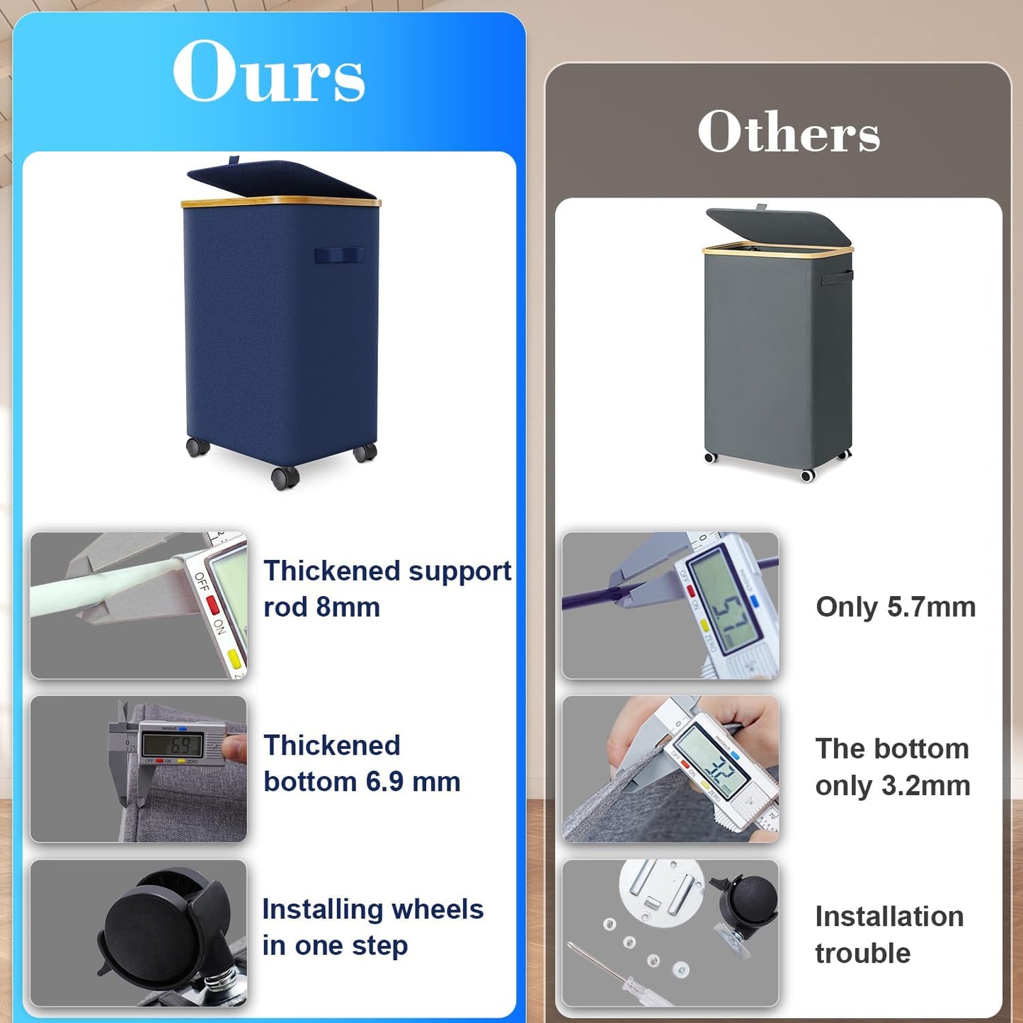 Laundry Hamper with Wheels,20 Gal (75L) Laundry Basket with lid Rolling Clothes Hamper Foldable Dirty Clothes Basket on wheels with Bamboo Frame and Bag for Bedroom, Dorm, Laundry Room-Blue