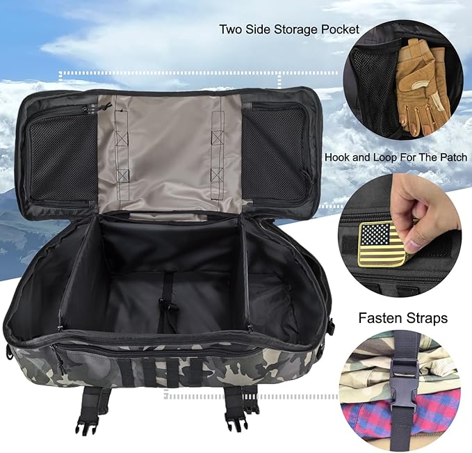 Travel Gym Duffle Bag Tactical, for Men Women Multi-functional Backpack, 3 in 1 Shoulder Bag Backpack Handbag for Sports Hiking Camping, Water Resistant Easy Clean (Black Camo, 55L)