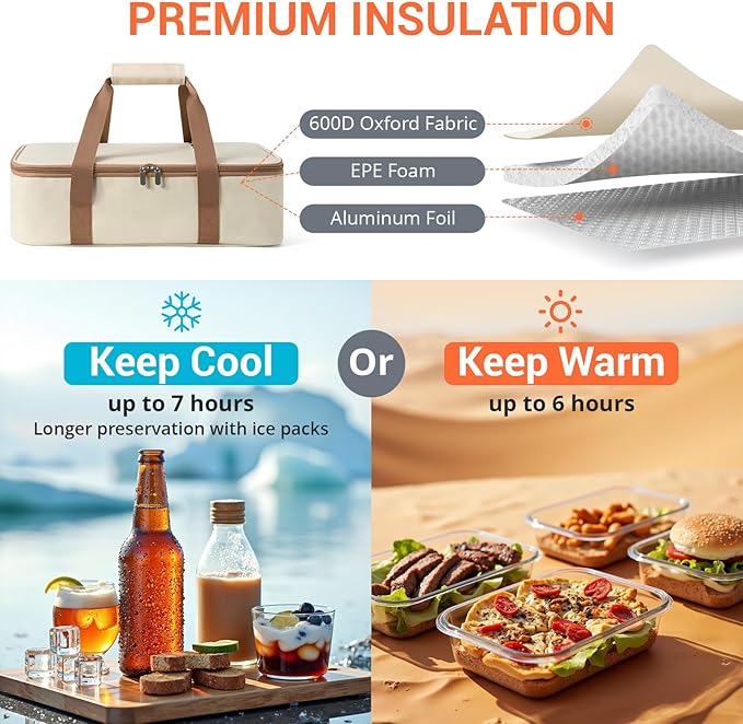 Insulated Casserole Carrier for Hot or Cold Food,Pie Carrier Bag Lunch Tote for Potluck Parties/Picnic/Cookouts, Fits 9"x13" Baking Dish,Single Beige