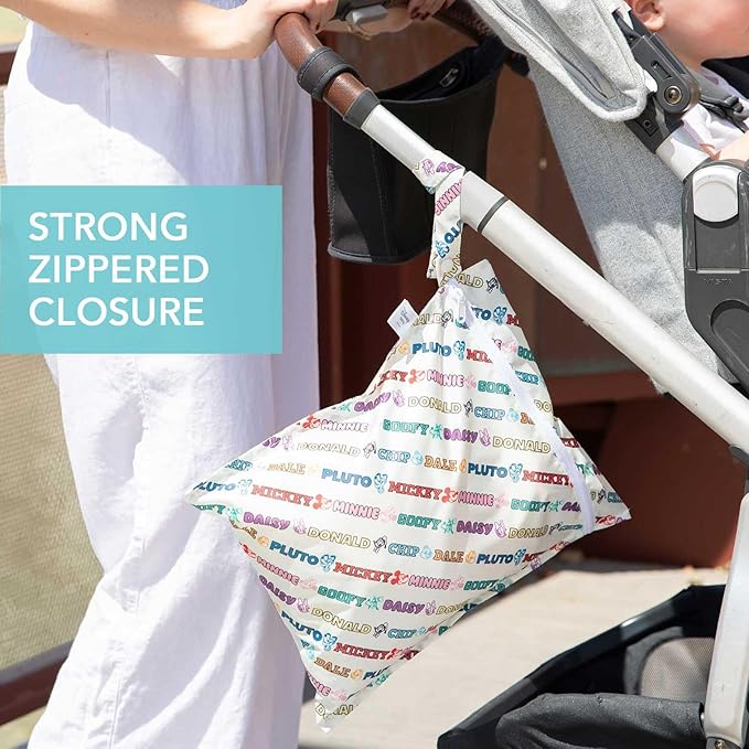 Bumkins Disney Waterproof Wet Bag for Baby, Travel, Swim Suit, Cloth Diaper, Pump Parts, Pool, Beach, Gym Clothes, Toiletry, Hook to Stroller, Daycare, Zipper Reusable Wetdry, Mickey and Friends White