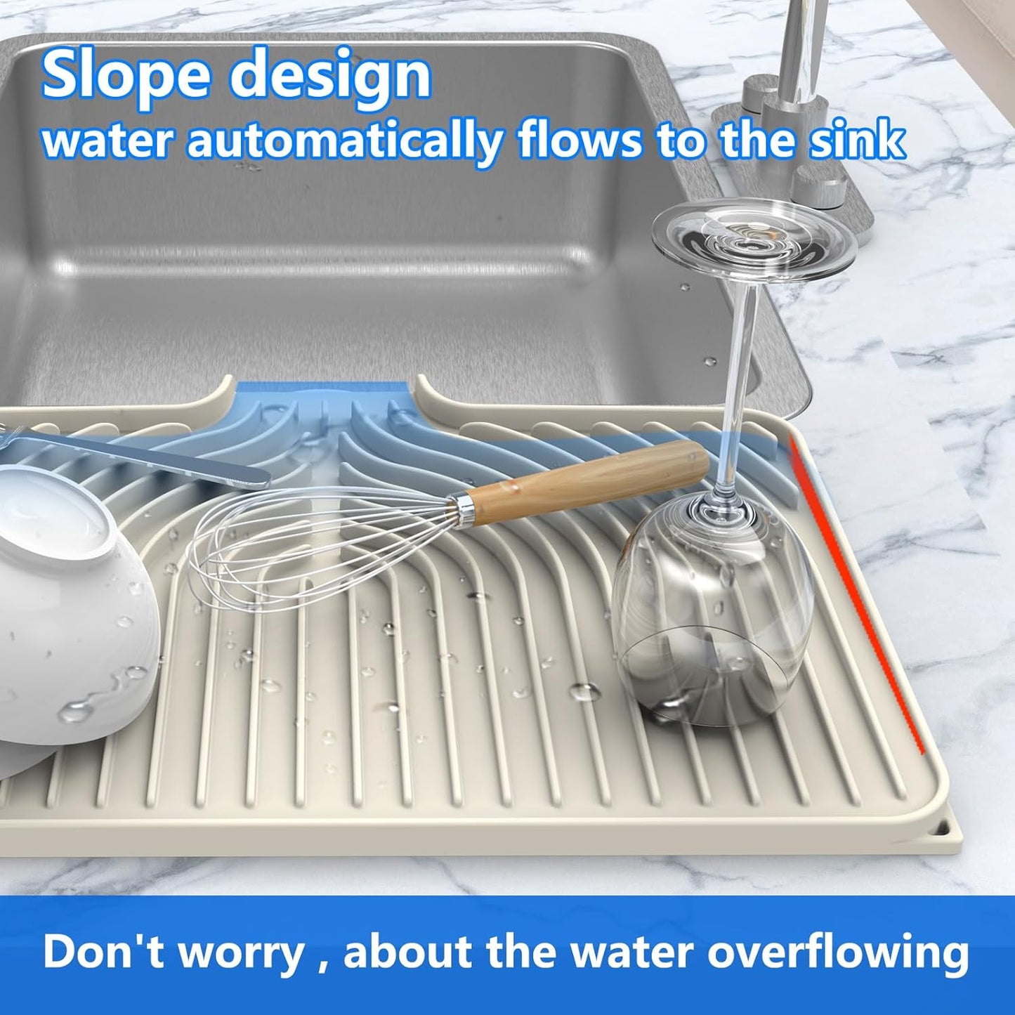 Dish Drying Matt for Kitchen Counter,18"×12"Silicone Dry Rack Mat with Built in Drain, Kitchen Dry Mats for Dishes Drying Pad for Counter(18"×12"Cream)