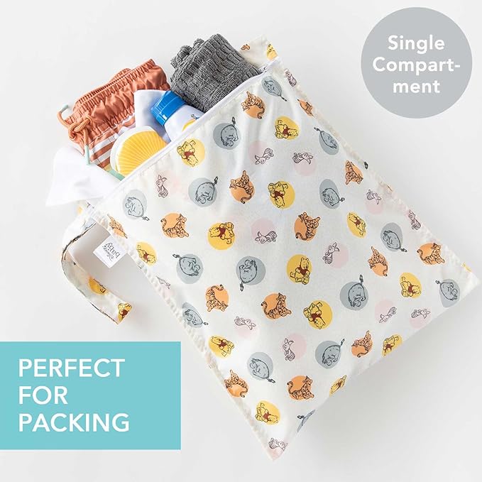 Bumkins Disney Waterproof Wet Bag for Baby, Travel, Swim Suit, Cloth Diapers, Pump Parts, Pool, Gym Clothes, Toiletry, Strap to Stroller, Daycare, Zip Reusable Bag, Packing Pouch, Winnie the Pooh