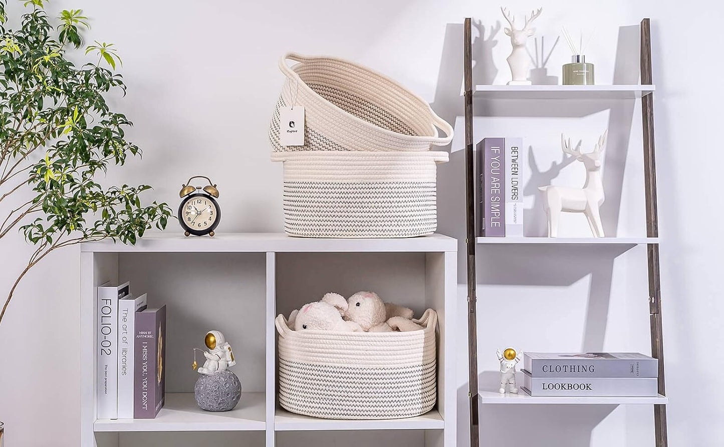 Medium and Large Woven Basket//With Handle, Used for Toys and Fabric Storage Basket used for Storing xl Storage Box, Decorative Storage Box Room 2pack (White/black line, L13×W9×H7)