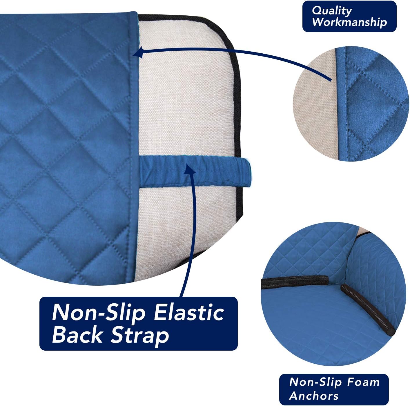 PureFit Reversible Quilted Sofa Cover, Water Resistant Slipcover Furniture Protector, Washable Couch Cover with Non Slip and Elastic Straps for Kids, Dogs, Pets (Chair, Blue/Ivory)